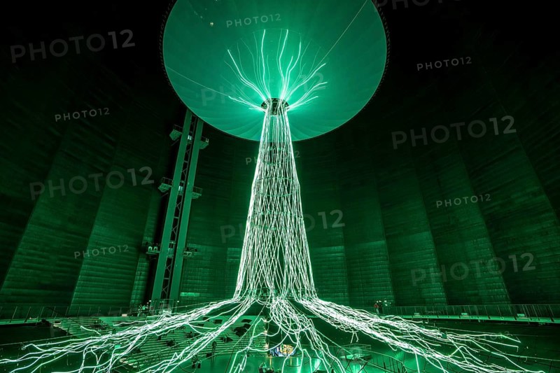 New exhibition at Gasometer Oberhausen, art sculpture The Tree, 40 meter high light installation, shows different stages of a tree with light and music, exhibition Myth Forest, on 3 levels and with several thematic chapters, the exhibition shows the diversity of the world's forests with pictures, videos and exhibits, North Rhine-Westphalia, Germany