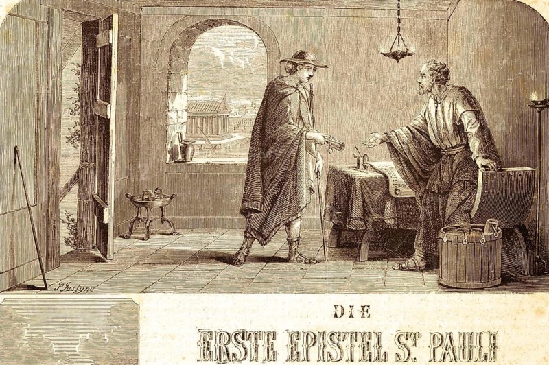 First epistle of the Apostle Paul to Timothy or Timotheos, letter, greeting, room, letter handed over, walking stick, table, document, door, window, godly, faith, Christian, travel companion, Bible, New Testament, historical illustration 1850