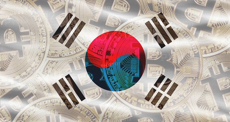 Bitcoins on South Korea flag background. Golden bitcoin coins on South Korea flag background