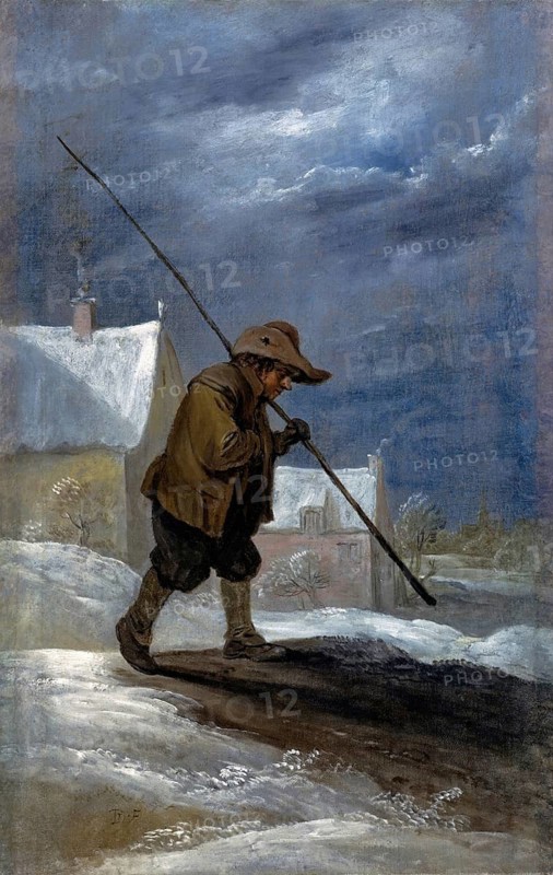 Winter, painting by David Teniers (baptised 15 December 1610 in Antwerp, died 25 April 1690 in Brussels), Flemish painter, draughtsman and curator. He was an innovator in a variety of genres such as history painting, genre painting, landscape, portrait and still life. He is most remembered today as the leading Flemish genre painter of his time, reproduction from a 17th century painting. Authentic, file restored for optimal use, exact date of original unknown