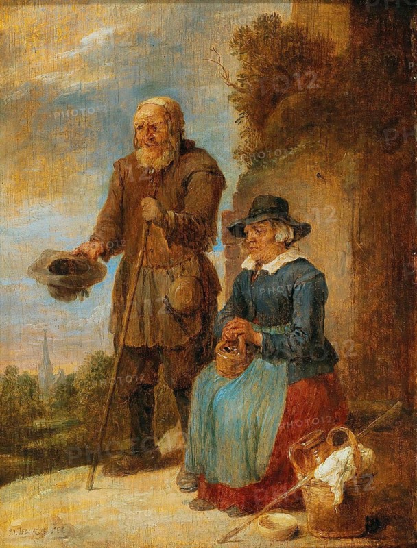 An old couple begging in the street, painting by David Teniers (baptised 15 December 1610 in Antwerp, died 25 April 1690 in Brussels), Flemish painter, draughtsman and curator. He was an innovator in a variety of genres such as history painting, genre painting, landscape, portrait and still life. He is most remembered today as the leading Flemish genre painter of his time, reproduction from a 17th century painting. Authentic, file restored for optimal use, exact date of original unknown