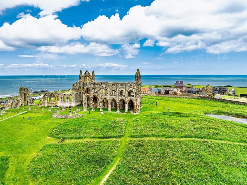 Whitby Abbey over River Esk from a drone, North Yorkshire, England, United Kingdom