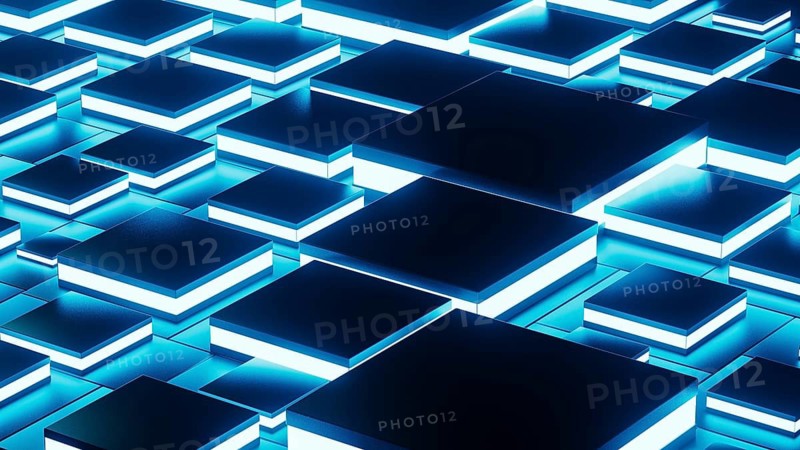 Abstract background design featuring a network of glowing geometric shapes in blue tones, creating a visually captivating technological atmosphere