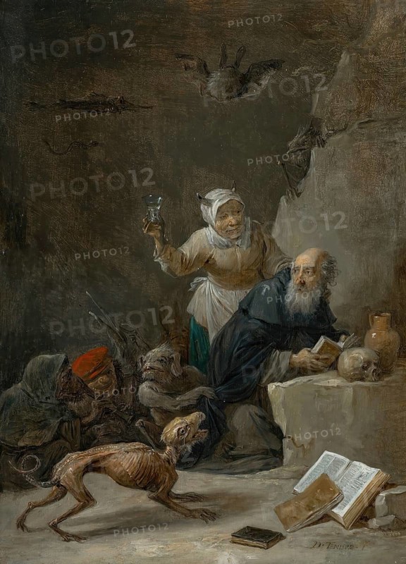 The Temptation of Saint Anthony (17th century), painting by David Teniers (baptised 15 December 1610 in Antwerp, died 25 April 1690 in Brussels), Flemish painter, draughtsman and curator. He was an innovator in a variety of genres such as history painting, genre painting, landscape, portrait and still life. He is most remembered today as the leading Flemish genre painter of his time, reproduction from a 17th century painting. Authentic, file restored for optimal use, exact date of original unknown