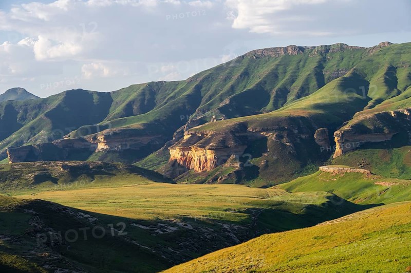 Grassland with sandstone cliffs and cliffs, landscape in Golden Gate Highlands National Park, Free State, South Africa