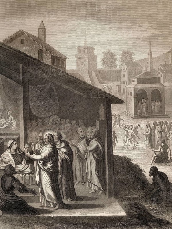 The healing of the mother of Peter's wife, miracle of Jesus, New Testament, Steel engraving 1853, digitally restored