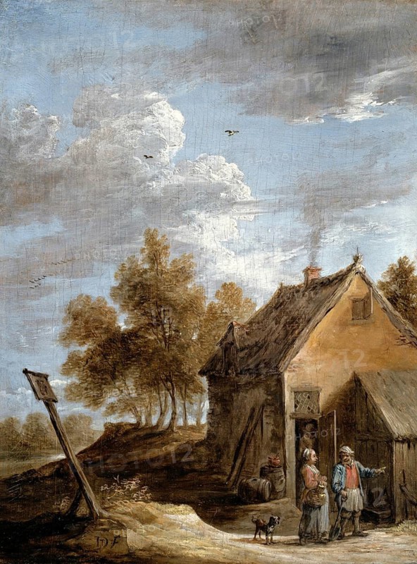 A cottage, painting by David Teniers (baptised 15 December 1610 in Antwerp, died 25 April 1690 in Brussels), Flemish painter, draughtsman and curator. He was an innovator in a variety of genres such as history painting, genre painting, landscape, portrait and still life. He is most remembered today as the leading Flemish genre painter of his time, reproduction from a 17th century painting. Authentic, file restored for optimal use, exact date of original unknown