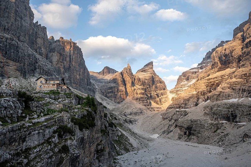 Rifugio Alberto e Maria ai Brentei, Castelletto Superiore and Cima Sella mountain peaks, Bocca di Tuckett in the back, Brenta Mountains, Brenta, Brenta-Adamello Natural Park, Trentino, Italy