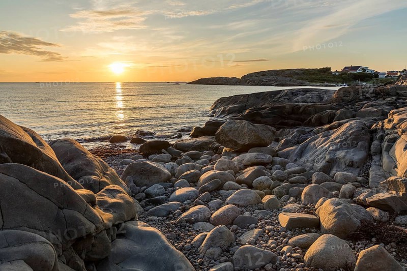 Sunset on the North Sea with archipelago on the west coast near Lerkil, Hallands län, Sweden