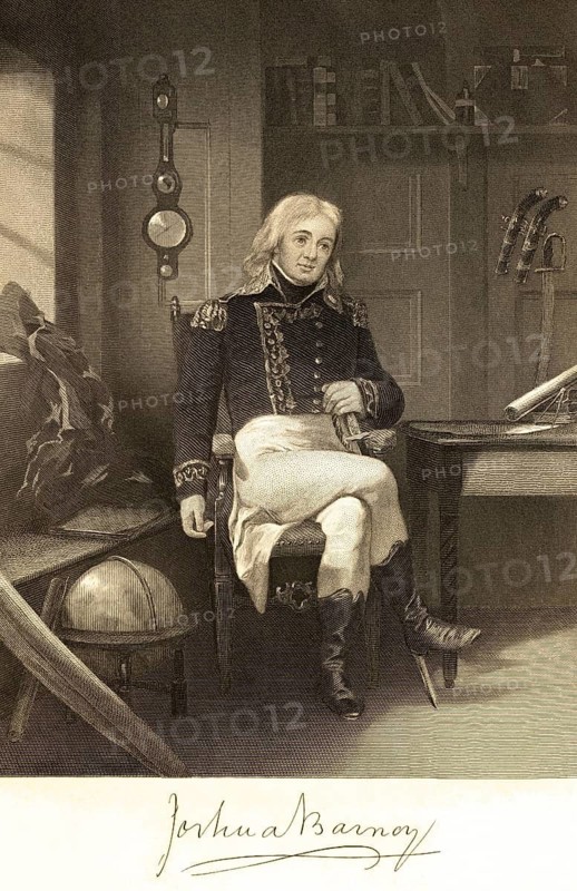 Joshua Barney (1759-1818) flotilla admiral, in the American War of Independence, naval officer, service in the French navy, USA, room, armchair, sitting, uniform, boots, weapons, globe, barometer, bookshelf, portrait of famous Americans, signature, artist Alonzo Chappel, steel engraving, historical illustration 1862