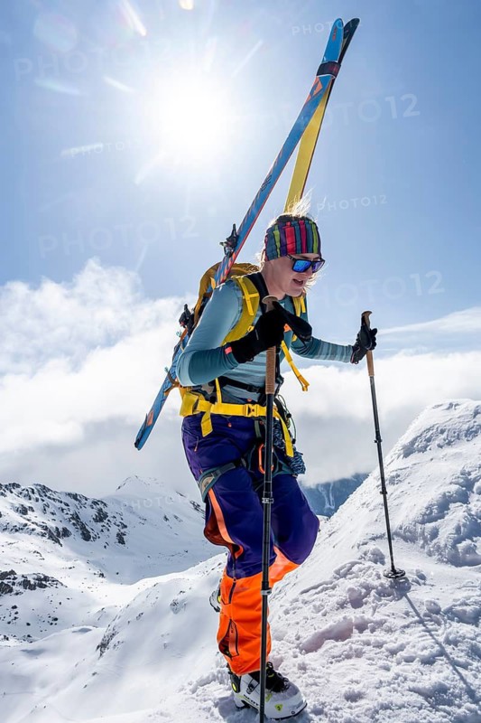 Mountaineer with skis at the fork Porta d'Es-cha, ski tour Bündner Haute Route, Albula Alps, Rhaetian Alps, Grisons, Eastern Switzerland, Switzerland