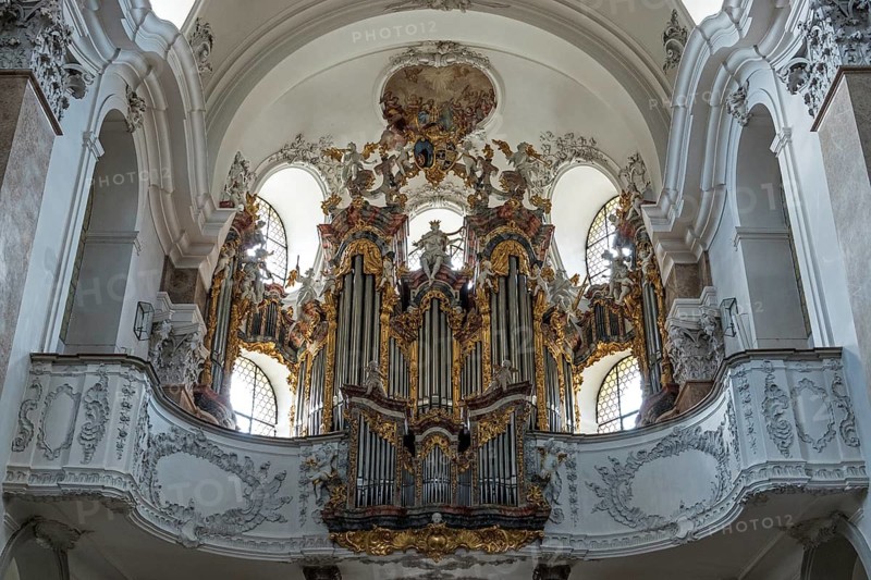 Church, Baroque Basilica of St. Mang, interior view, organ, Füssen, Ostallgäu, Bavaria Germany