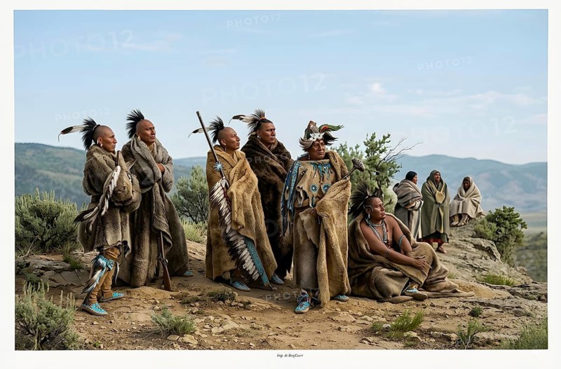 Saki and Musquake Indians, indigenous people, North America, historical illustration, digitally edited