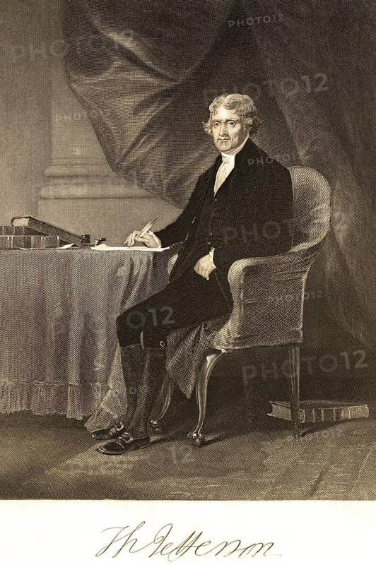 Thomas Jefferson, important politician (1743-1826) third American president, state theorist, political philosopher, important co-author of the Declaration of Independence, room, desk, armchair, sitting, quill, writing, books, inkwell, serious look, portrait of famous Americans, signature, artist Alonzo Chappel, steel engraving, historical illustration 1862