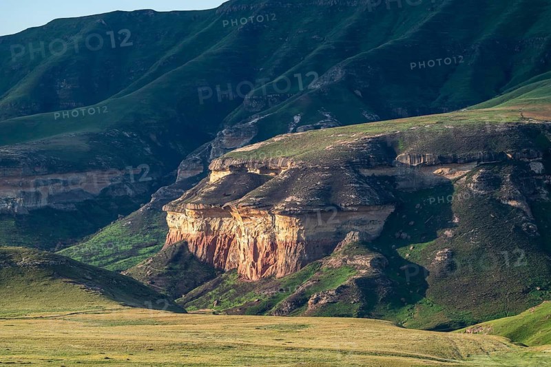 Grassland with sandstone cliffs and cliffs, landscape in Golden Gate Highlands National Park, Free State, South Africa