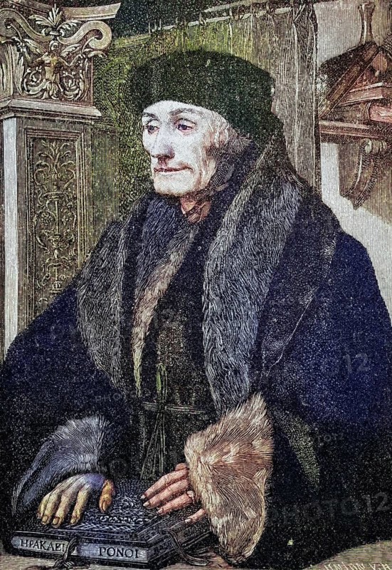 Erasmus (Desiderius) of Rotterdam (1466/1467/1469-1536) was an important Dutch scholar of European humanism. He was a theologian, philosopher, philologist and author of numerous books, coloured wood engraving, reproduction from a model from ca 1888, Historical, A scholar in a fur coat, resting thoughtfully on a book