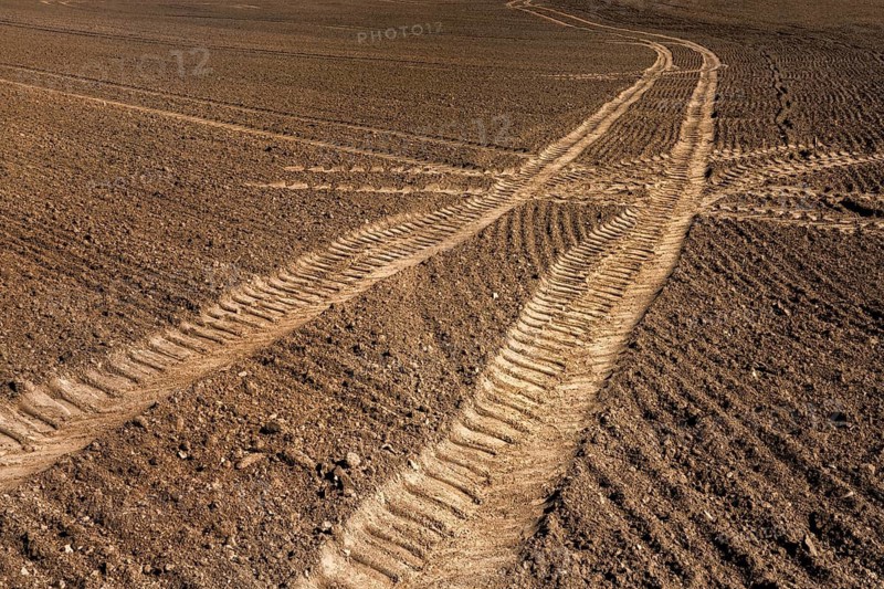 Tractor tracks, agricultural trails at a cultivated field in springtime, farmland near Wesertal, Weser Uplands, Weserbergland, Hesse, Germany