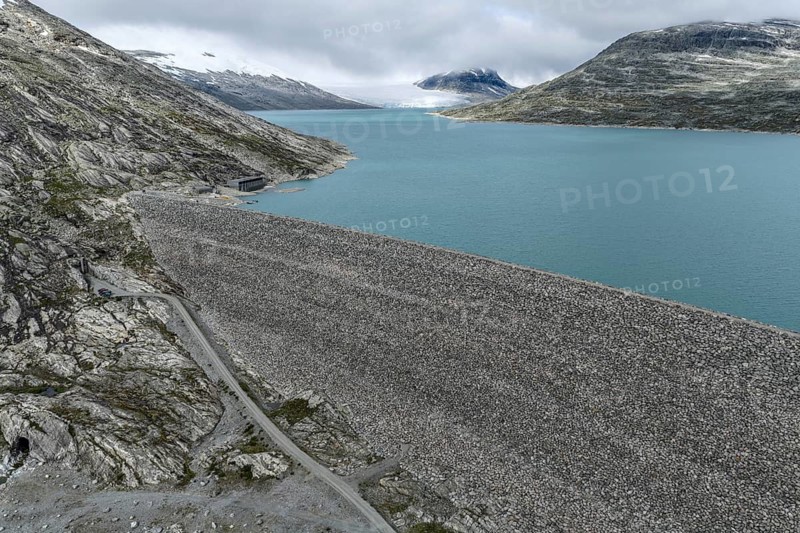 Dam at lake Styggevatnet, Styggevatn, Jostedal glacier, aerial view, Norway