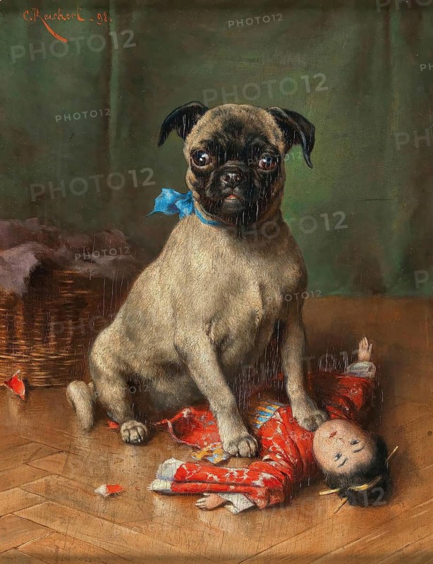 Carl Reichert, Karl Reichert, pseudonym J. Hartung (born 27 August 1836 in Vienna, died 5 April 1918 in Graz) . Austrian painter, especially landscape painter and animal painter. Here his work:, A Pug with a Japanese Doll (1898), A Pug with a Japanese Doll, Painting, Reproduction of the painting, Work of art, Historical