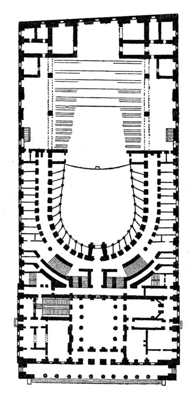 Ground plan of Teatro Regio di Parma, an opera house in Parma, Italy, 1860s
