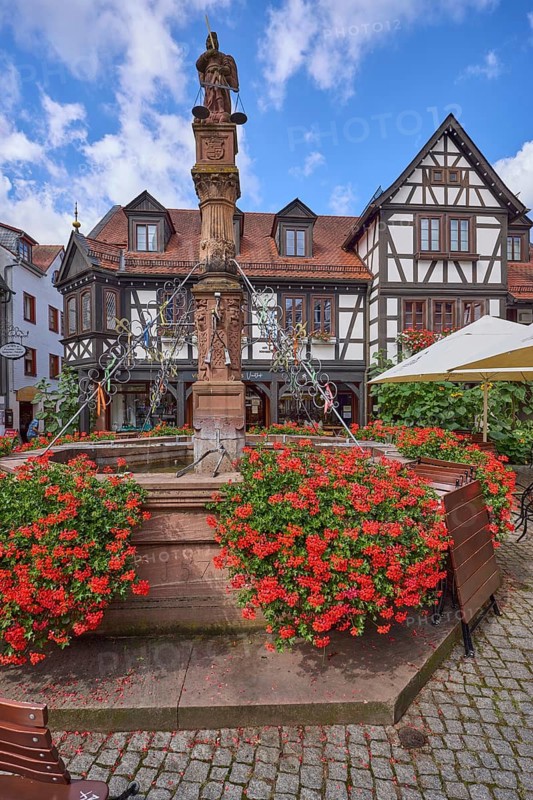 Market fountain with geraniums and half-timbered house under a blue sky with cumulus clouds on the market square in Michelstadt, Odenwald, Odenwaldkreis, Hesse, Germany