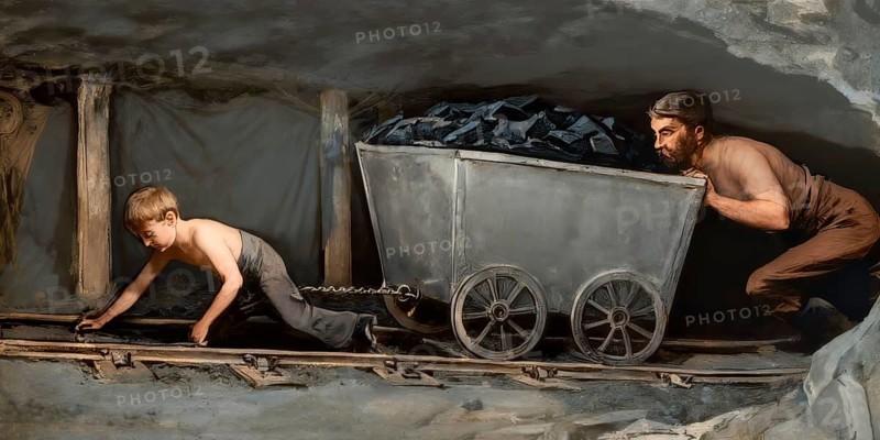 Historical illustration, child labour in the coal mining industry, hurriers pulling a corf, 19th Century