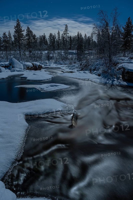 Stream in moonlight, Norrbotten, Lapland, Sweden, December 2022