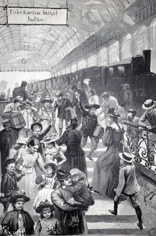 Children returning from the holiday colony, train station, parents pick up their children, 1891, Germany, authentic, digitally restored reproduction from a 19th century model, exact date of depiction unknown, historical, a crowd hurries through a station concourse, lively and bustling