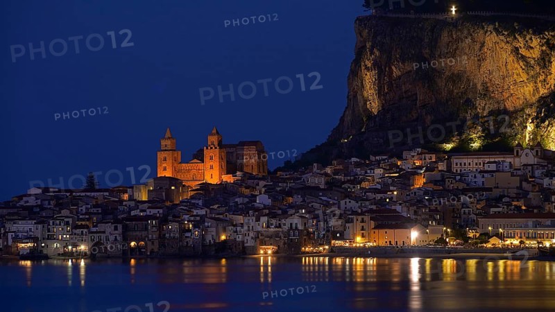 View of the coastal town of Cefalu by night, church, lighting, Sicily, Italy, Cefalu, Sicily, Italy