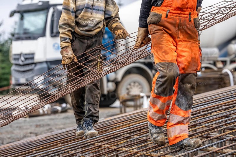 Assembly of reinforcing steel for the reinforced concrete foundation of a wind turbine, a mesh of rebar and rebar mesh, over 100 tons of reinforcing steel were used, the wind turbine will have a hub height of 160 meters, part of a new wind farm in Sauerland, near Balve, North Rhine-Westphalia, Germany