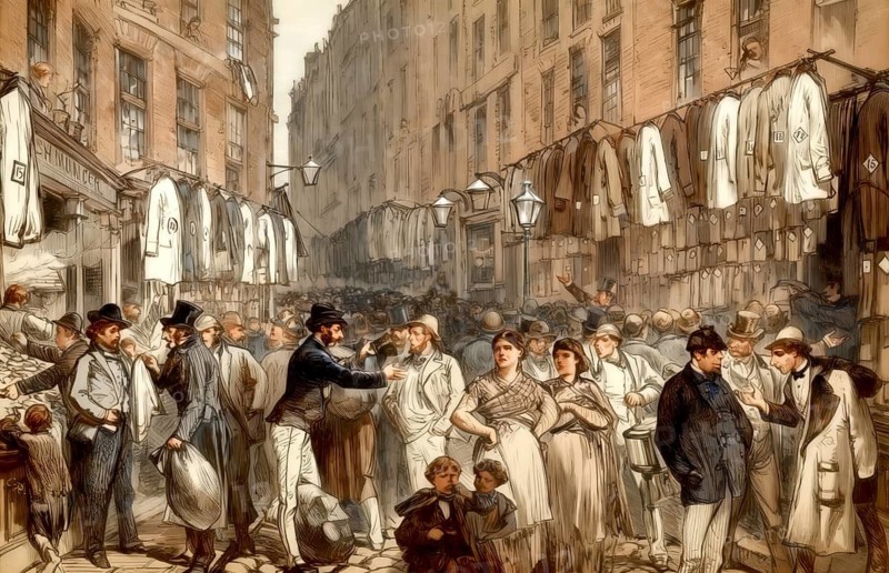 Petticoat Lane Market, a fashion and clothing market in the East End of London, England, Europe, 19th century