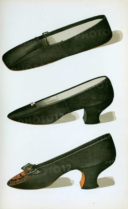 Shoe fashion in 1900, women's shoes, Three black satin shoes. The third is the Jubliee Shoe, embroidered with the Royal Crown and initials V. R., with motto 'God save the Queen', Three black satin shoes. R., with motto 'God save the Queen' (1900)