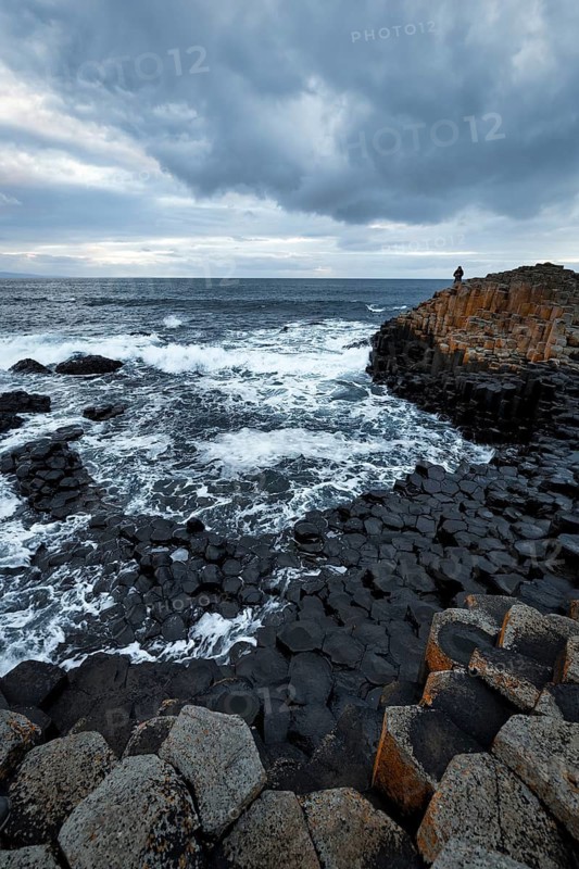 Rocky coast with black basalt columns, coastline, dusk by the sea, Giant's Causeway, Giants Causeway, Causeway Coastal Route, Antrim, Northern Ireland, Great Britain