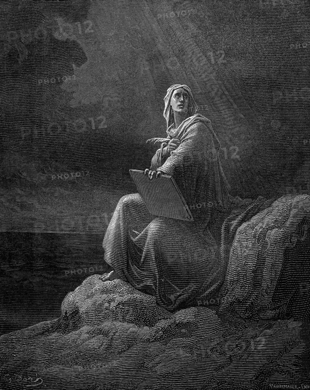 John banished on Patmus, the commission to John, Revelation chapter 1, verse 9, darkness, symbol, rock, sitting, tablet, ray of light, affliction, hope, God, new world, steadfastness, Jesus, message, Christian religion, Bible, New Testament, steel engraving Doré, historical illustration 1885