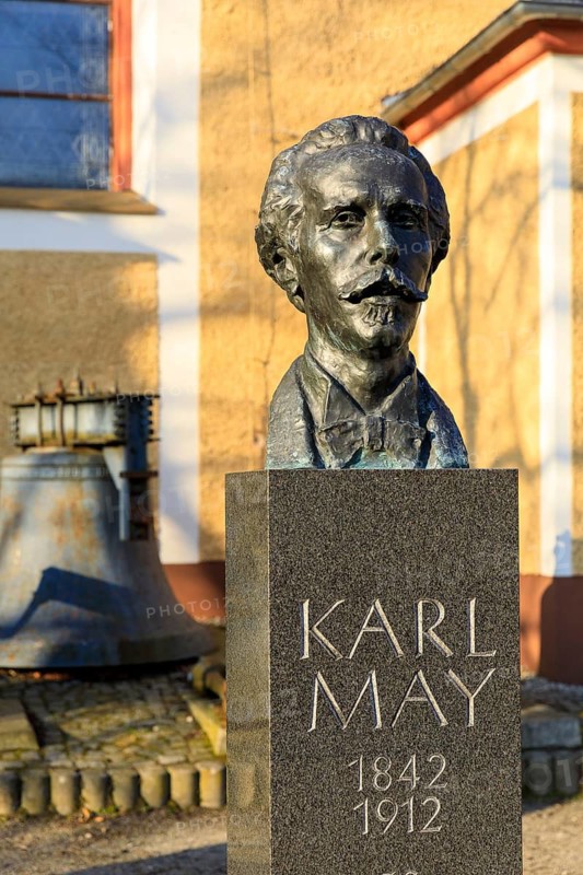 Bust of Karl May with biographical data and inscription Es sei Friede, in front of the Trinitatis Church on the Neumarkt in Ernstthal, Hohenstein-Ernstthal, Saxony, Germany