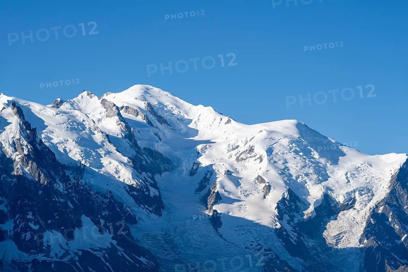 View of spectacular glaciated mountain peaks of Mont Blanc, Mont Blanc Massif, Aiguilles Rouges, Chamonix-Mont-Blanc, Haute-Savoie, France