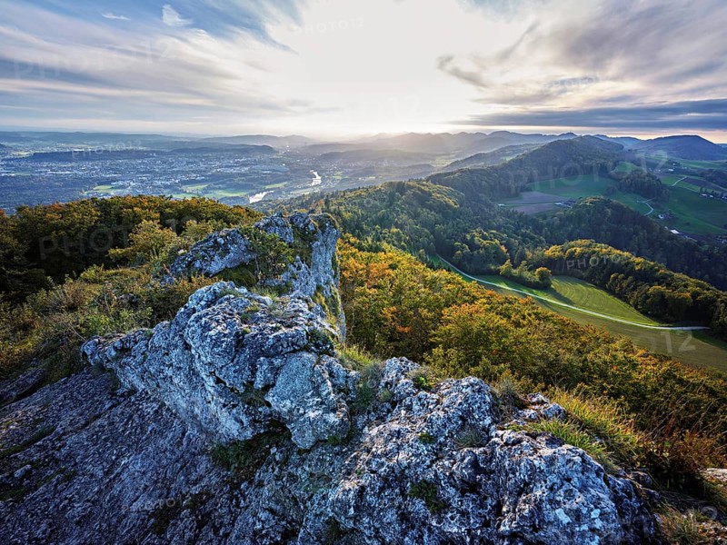 View from the Gisliflue of an autumnal forest with the Jura foothills behind, Talheim, Canton, Aargau, Switzerland