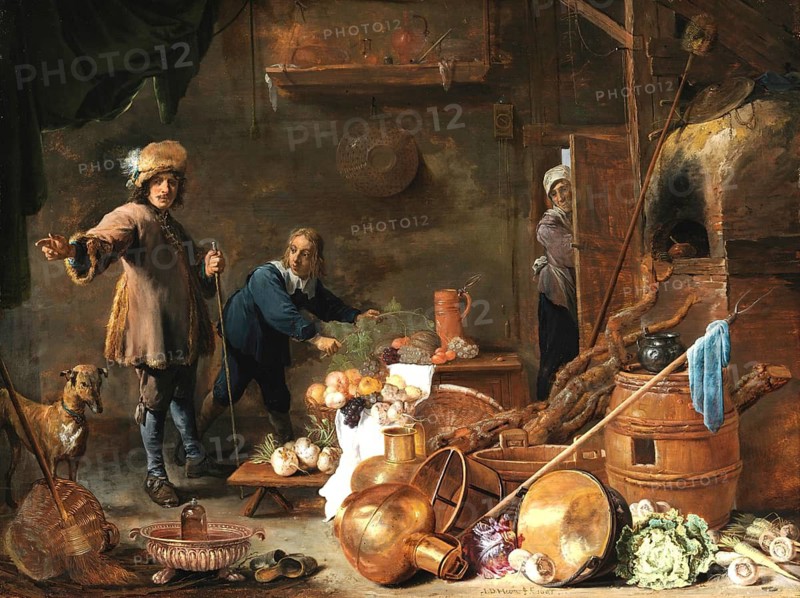 Kitchen Interior (1643), painting by David Teniers (baptised 15 December 1610 in Antwerp, died 25 April 1690 in Brussels), Flemish painter, draughtsman and curator. He was an innovator in a variety of genres such as history painting, genre painting, landscape, portrait and still life. He is most remembered today as the leading Flemish genre painter of his time, reproduction from a 17th century painting. Authentic, file restored for optimal use, exact date of original unknown