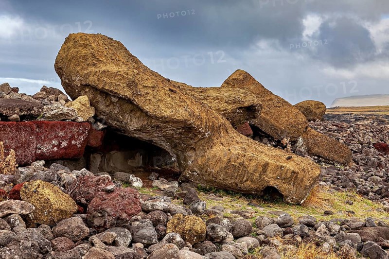 A moai in a broken state between rocks and debris on Easter Island, the moai statues on Easter Island in the Pacific Ocean