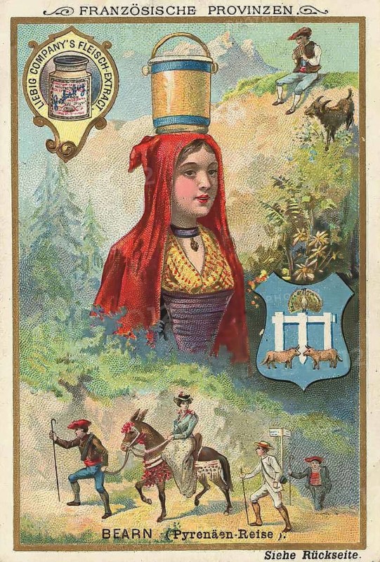 Picture series French provinces, Pyrenees journey in Bearn, Liebig picture, digitally restored reproduction of a collector's picture from ca 1900, public domain, exact date unknown, A traditional woman with a Pyrenees journey scene, decorative nostalgic design