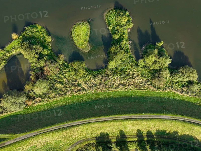 Haltern-Marl, North Rhine-Westphalia, Germany - Lippe, flood protection in the Haltern-Lippramsdorf-Marl area (HaLiMa) . Flood protection on the River Lippe by relocating the dyke and thus extending the floodplain. TopShot-Down