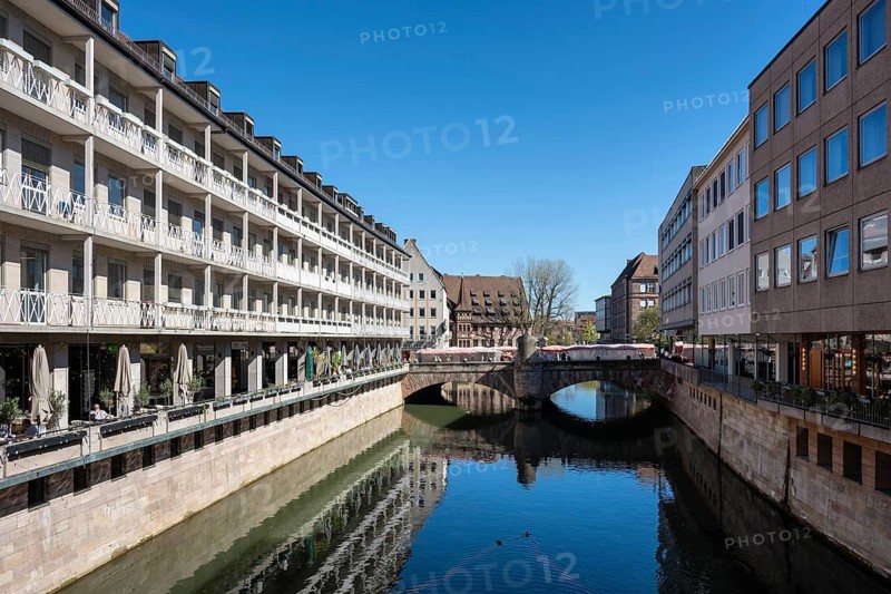 View over the Pegnitz river with the museum bridge in the old town of Nuremberg, Middle Franconia, Franconia, Bavaria, Germany