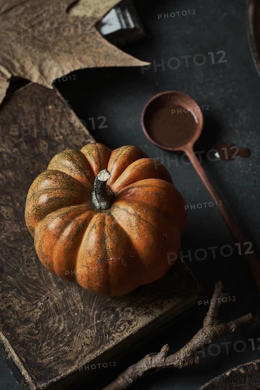 From above appetizing ripe orange pumpkin on wooden tables with dry stick leaves and spoon