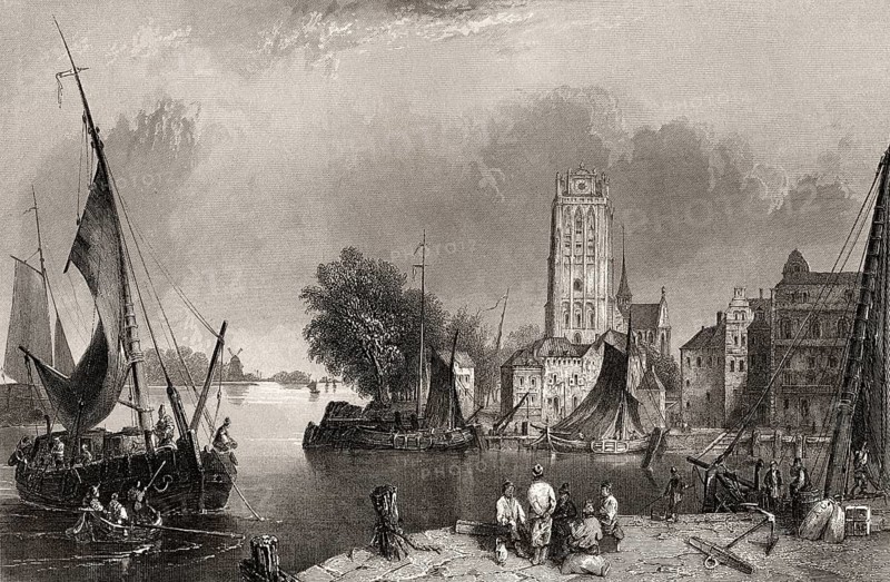 Historical cityscape of Dordrecht, 18th century, Netherlands