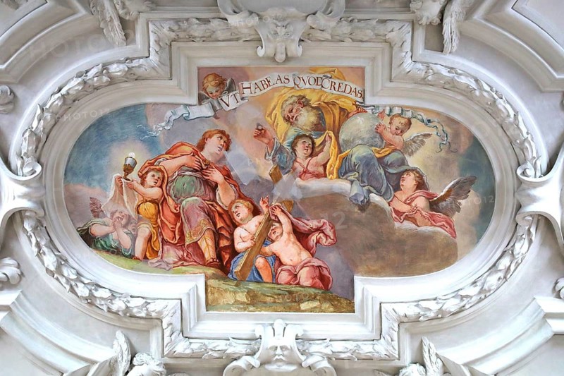 Benediktbeuern Abbey, former Benedictine Abbey, today a branch of the Salesians of Don Bosco, choir room of the monastery church of St. Benedict, vaulted paintings by Hans Georg Asam, are considered the earliest frescoes of Old Bavarian Baroque art, Bad Tölz-Wolfratshausen district, Upper Bavaria, Bavaria, Germany