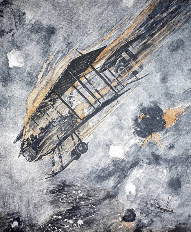 1st World War, Crash of an English aeroplane as a result of bombardment by a German fighter plane (original pictorial text from 1915, original colouring), Illustration, Reproduction from a 19th century original. Authentic, file restored for optimal use, exact date of original unknown, Historical, An aeroplane crashes dramatically with flames and smoke
