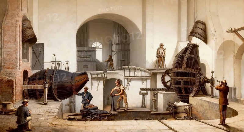 Historical illustration, 19th century, technical processing of steelmaking with a casting ladle in a blast furnace, 1894