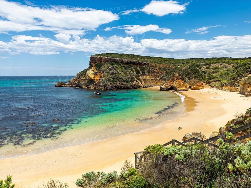 A stunning view of a secluded beach with golden sand, clear turquoise waters, and rocky cliffs under a blue sky in the Great Ocean Road, Australia. Lush greenery frames this serene coastal landscape