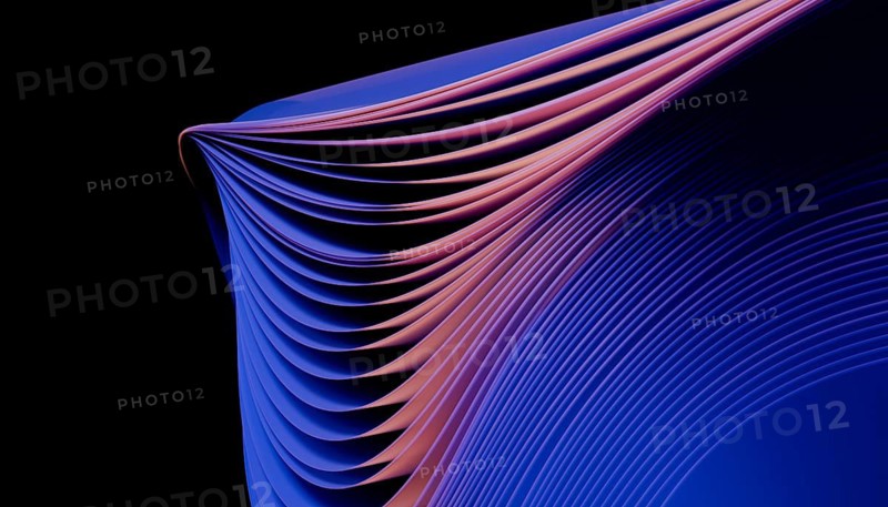 An abstract 3D image showing curved layers in vibrant blue and purple hues forming a wave like pattern. The dynamic flow suggests movement and creativity against a dark background