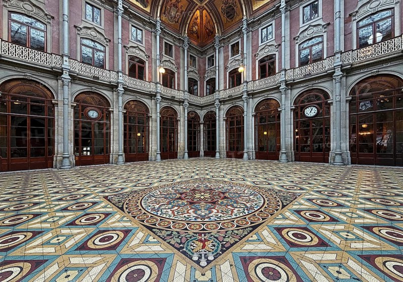 Floor mosaic in the courtyard, Palácio da Bolsa, neoclassical style stock exchange, magnificent building, UNESCO World Heritage Site, Porto, Portugal